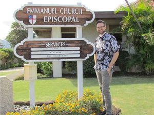 Rev. Christopher Golding with Emmanuel Church Episcopal sign