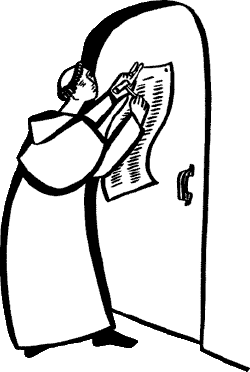 Martin Luther tacking up theses (black and white graphic)